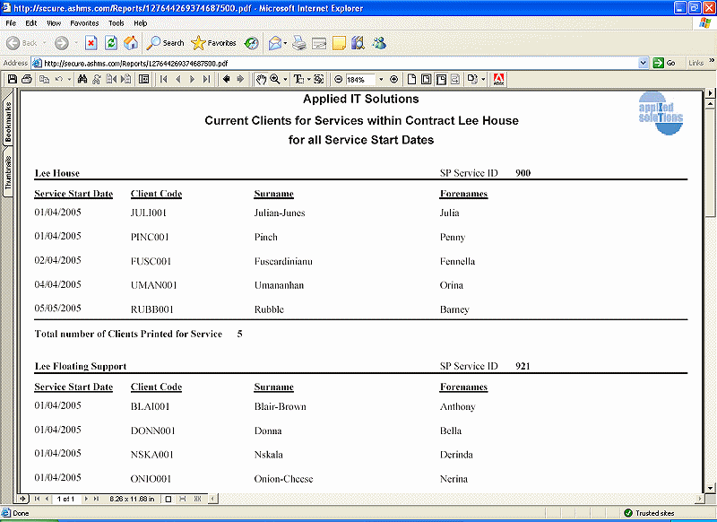 Screenshot of Report of Current Clients