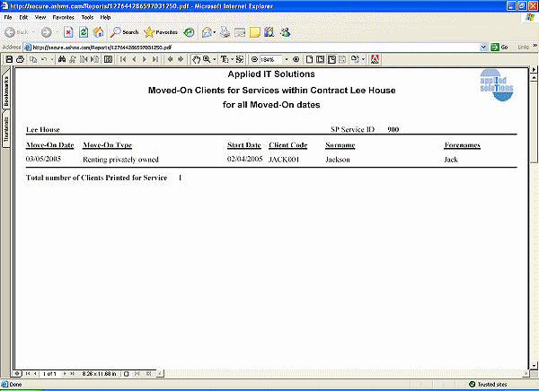 Screenshot of report of Moved-On clients